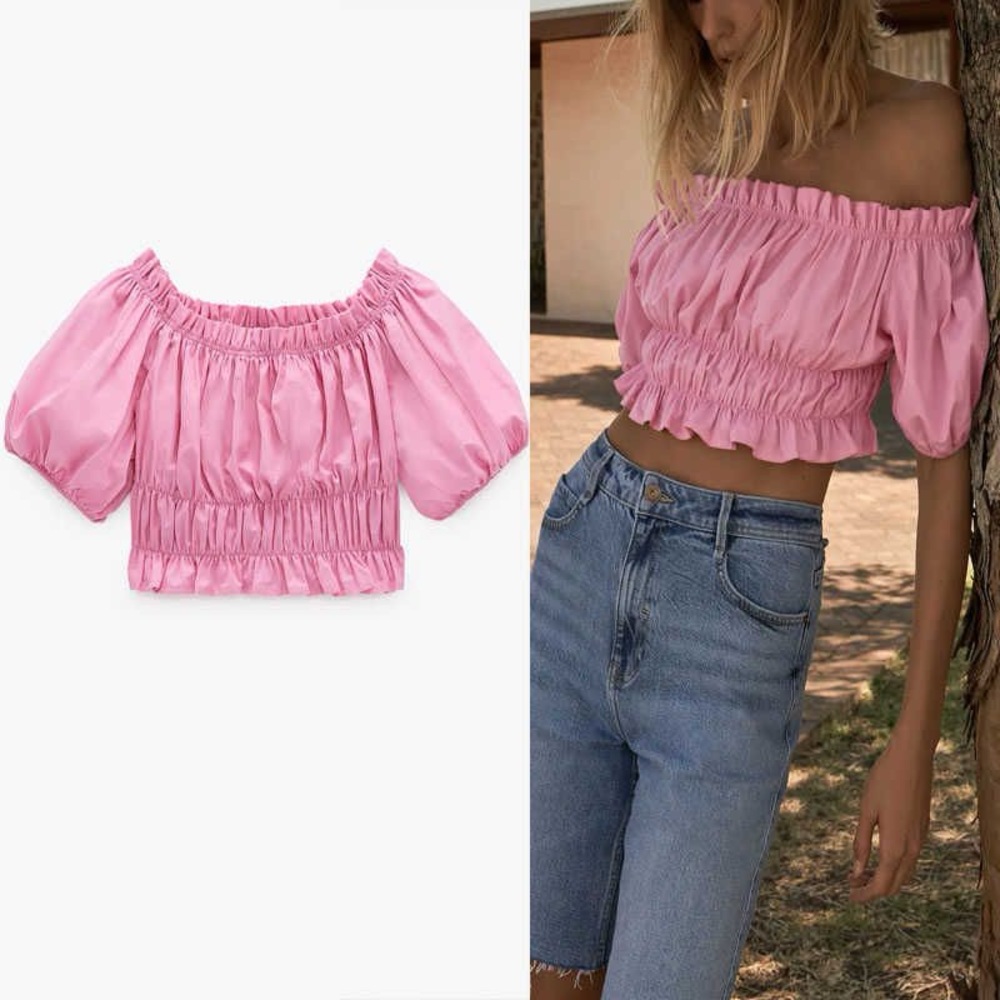 Zara Pink Off The Shoulder Puffy Sleeve Cropped Elastic Smocked Blouse sz Small